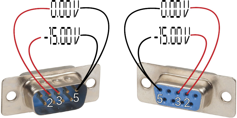 Two DE-9 connectors both showing voltage on the same pin number