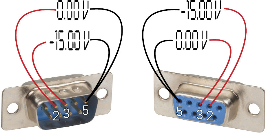 Two DE-9 connectors with voltage showing on a different pin number for each